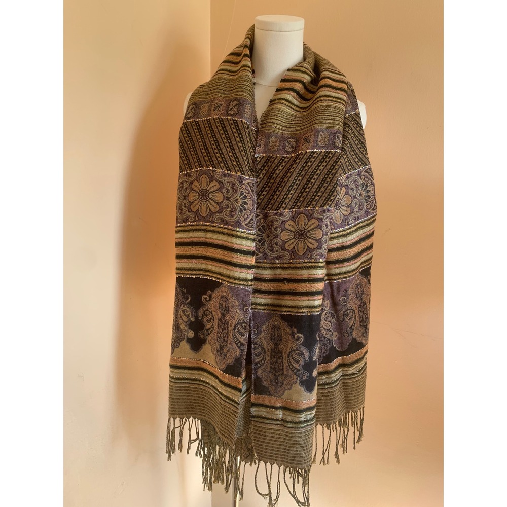 Boho Paisley Floral Sequin Fringe Scarf Shawl Wrap Brown Purple Gold